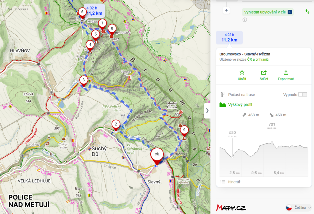 Mapa - Broumovské stěny - Slavný-Hvězda