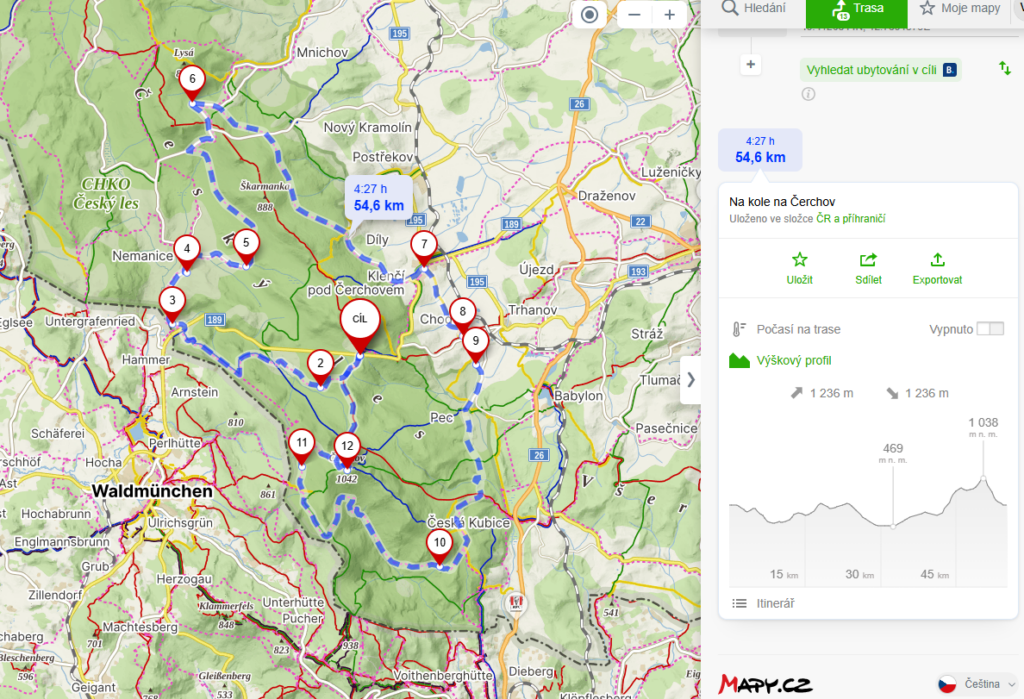 Čerchov na kole - mapa