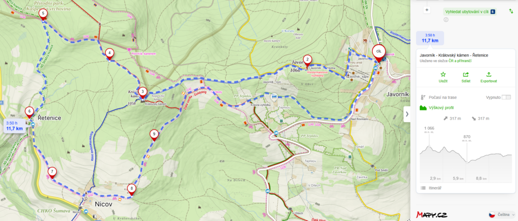 mapa - Javorník - Královský kámen - Řetenice