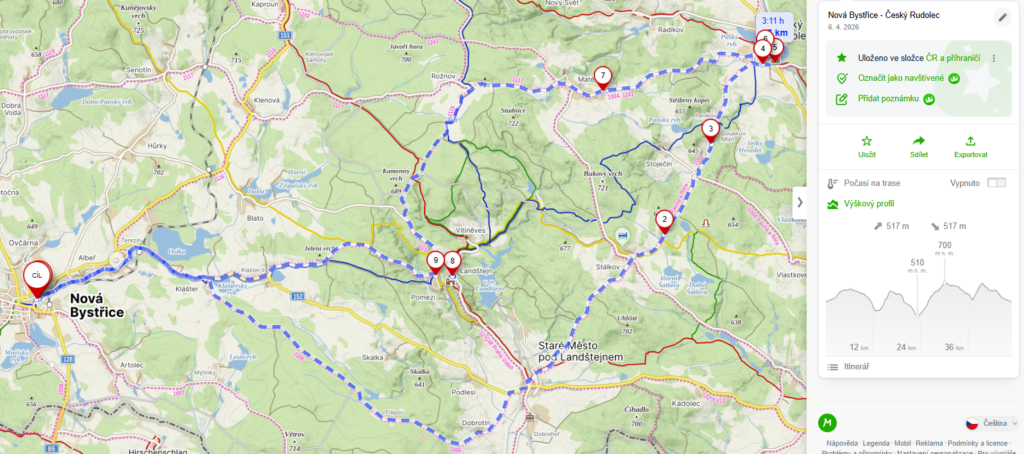Mapa - Nov&aacute; Bystřice - Česk&yacute; Rudolec