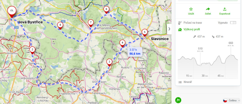 Mapa - Nov&aacute; Bystřice - Slavonice